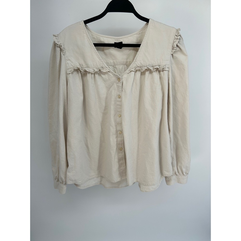 Lee Womens XL Beige Cotton Ruffle Yoke Button Down Blouse Long Sleeve Top